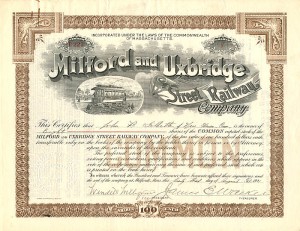 Milford and Uxbridge Street Railway - Stock Certificate
